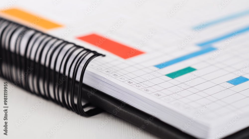 Close-up of a spiral-bound document featuring colorful charts and graphs, focusing on data organization and presentation. Close-up of a spiral-bound document featuring colorful charts and graphs, focusing on data organization and presentation.