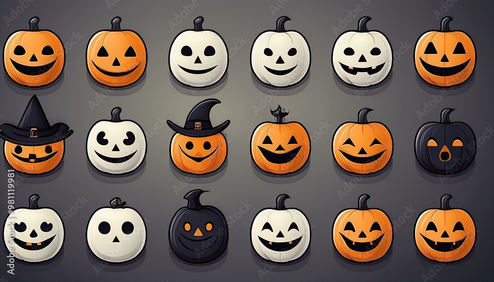 Classic Halloween Icons A set of simple, flat icons featuring classic Halloween symbols like a pumpkin, ghost, bat, witch hat, black cat, and spider. set of halloween pumpkins. icon set halloween new Classic Halloween Icons A set of simple, flat icons featuring classic Halloween symbols like a pumpkin, ghost, bat, witch hat, black cat, and spider. set of halloween pumpkins. icon set halloween new
