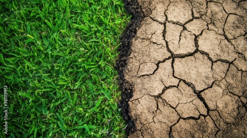 A contrasting landscape showing half dry cracked earth transitioning into lush green growth symbolizing climate change and renewal