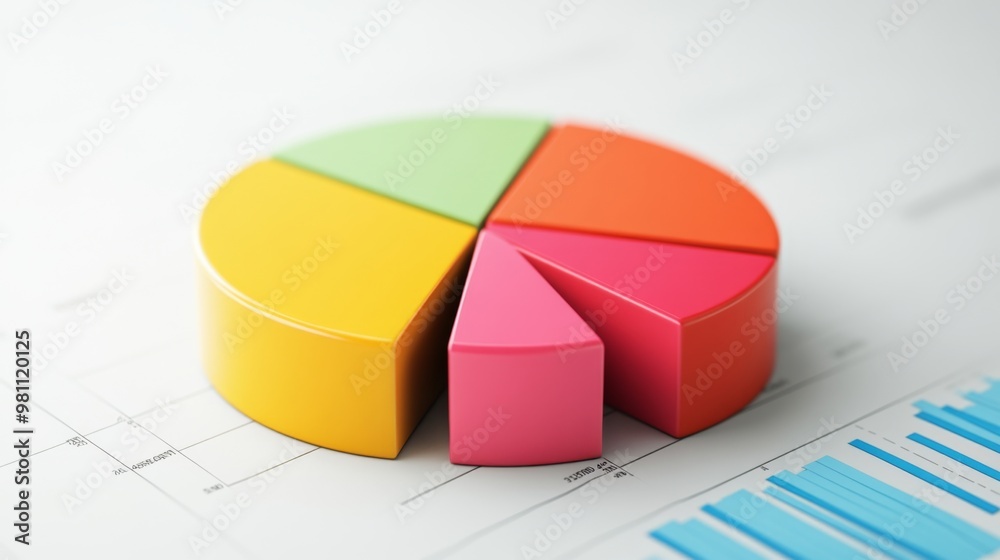 Fototapeta premium A vibrant 3D pie chart placed on top of financial graphs, illustrating business data and distribution of resources.