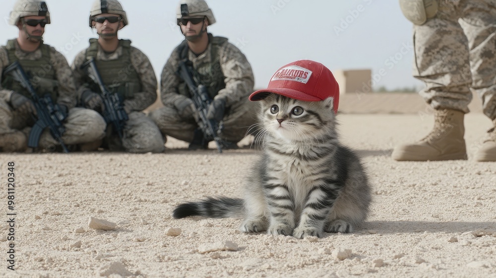 A playful kitten dressed in tactical gear and a red cap stands proudly, showcasing its photorealistic details and dramatic lighting in a dynamic setting A playful kitten dressed in tactical gear and a red cap stands proudly, showcasing its photorealistic details and dramatic lighting in a dynamic setting