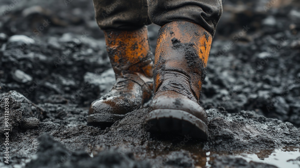 Close-up of an elderly miner's boot stepping on rough, muddy terrain in a diamond mine, showcasing dirt and wear Close-up of an elderly miner's boot stepping on rough, muddy terrain in a diamond mine, showcasing dirt and wear