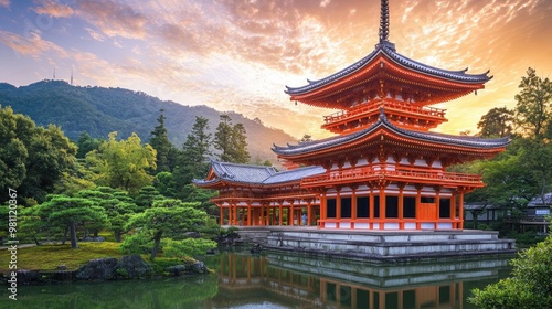 The serene temples of Kyoto, Japan, in the middle of a peaceful garden.