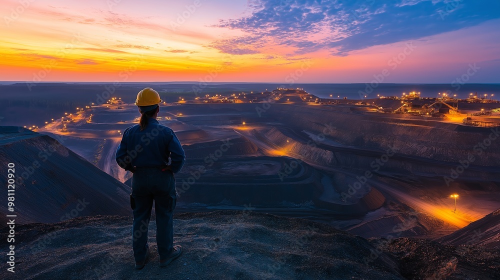 Obraz premium A female miner in a helmet overlooks a diamond mining operation illuminated by lights during sunset
