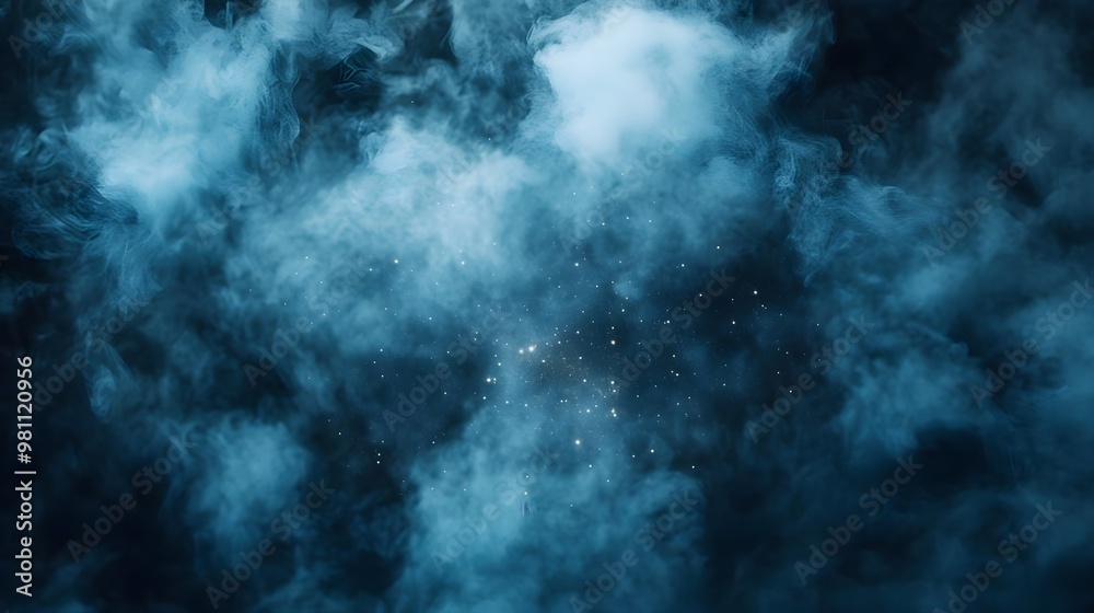 Blue Smoke Background, Abstract Nebula, Glowing Stars Blue Smoke Background, Abstract Nebula, Glowing Stars