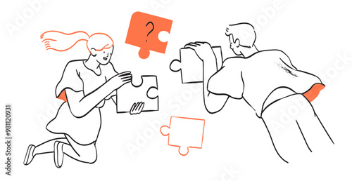 Vector illustration people doing jigsaw puzzle together in outline style. Company employees coordination, personnel productivity, effective team building and management, teamwork, leadership concept.