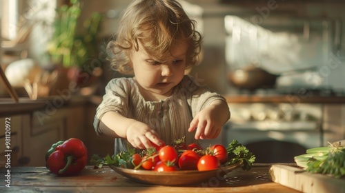 Little chef with fresh tomatoes in a cozy kitchen, exploring healthy cooking concepts and enjoying the joys of food preparation.