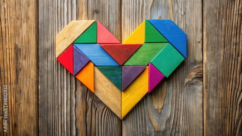 Colorful tangram puzzle pieces arranged in heart shape on wooden background