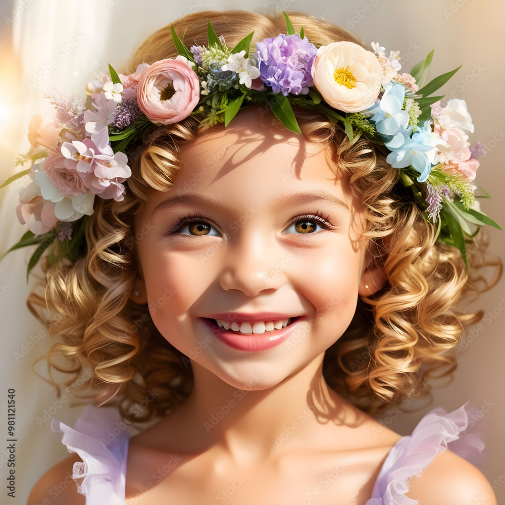 Beautiful smiling girl with a wreath of flowers on her head
