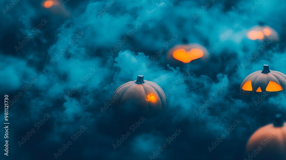 Fototapeta premium Glowing Jack-O-Lanterns in Blue Smoke for Halloween