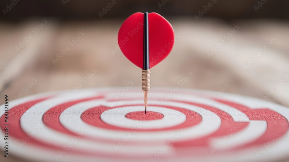 A close-up of a red dart hitting the bullseye on a target board, symbolizing precision, success, and achieving goals. A close-up of a red dart hitting the bullseye on a target board, symbolizing precision, success, and achieving goals.