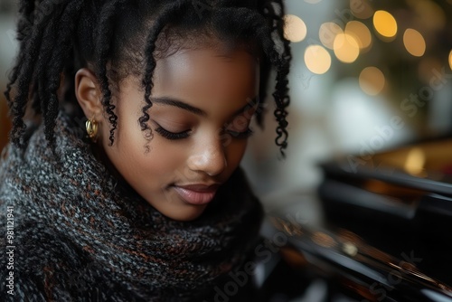 emotive portrait of a young black girl playing a grand piano her face illuminated with passion and concentration