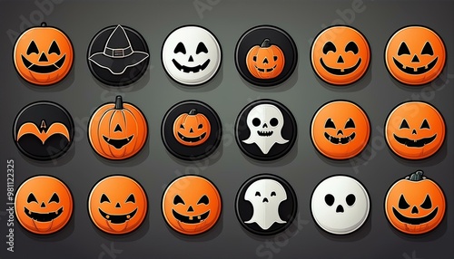 Classic Halloween Icons A set of simple, flat icons featuring classic Halloween symbols like a pumpkin, ghost, bat, witch hat, black cat, and spider. set of halloween pumpkins. icon set halloween new