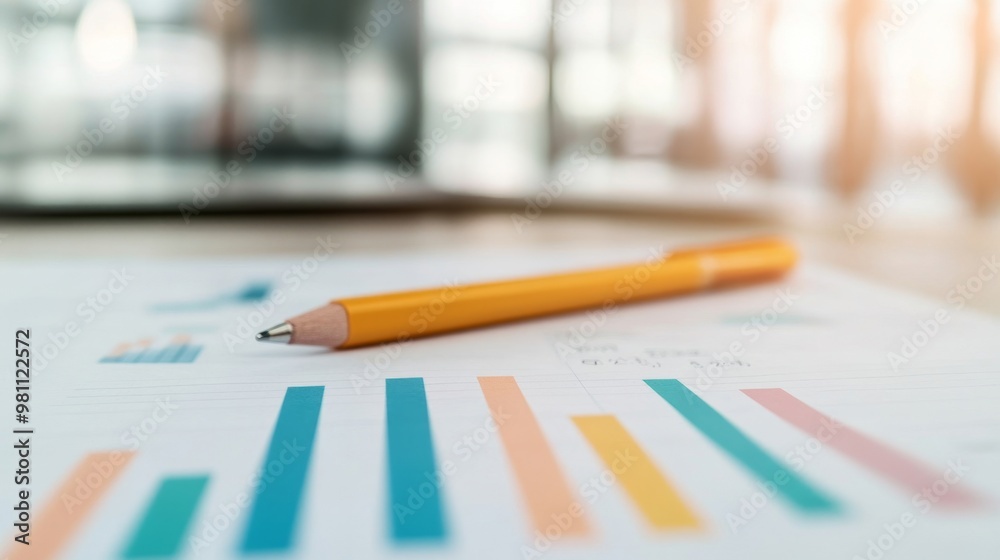 A yellow pencil on a financial report featuring colorful bar charts, symbolizing data analysis, planning, and business strategy. A yellow pencil on a financial report featuring colorful bar charts, symbolizing data analysis, planning, and business strategy.