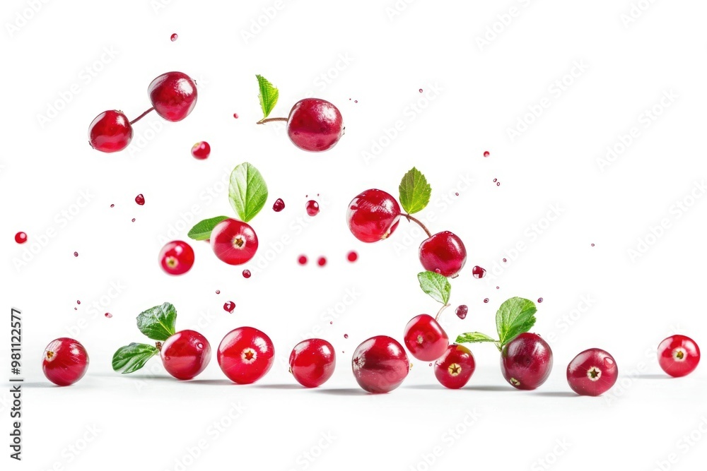 Fresh cherries falling through the air, ideal for use in food or cooking illustrations Fresh cherries falling through the air, ideal for use in food or cooking illustrations