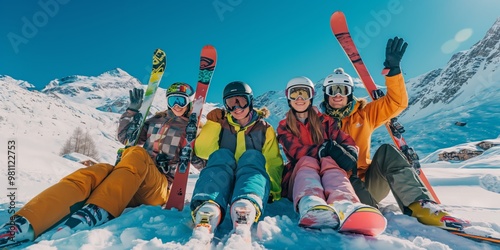 Ski and snowboard with friends in the mountains, creating thrilling memories full of adventure on your winter vacation. Enjoy the snowcovered slopes and the adrenalinefueled moments photo