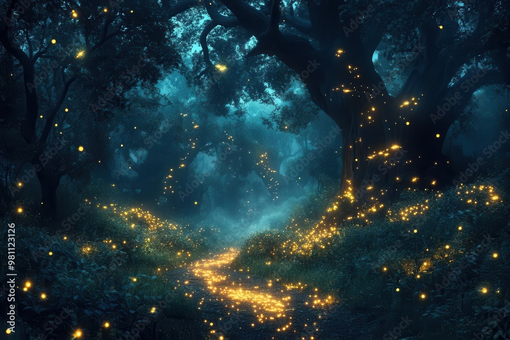 Obraz premium enchanted forest scene with fireflies and glowing particles swirling through misty air illuminating ancient trees and mystical flora in a nocturnal wonderland