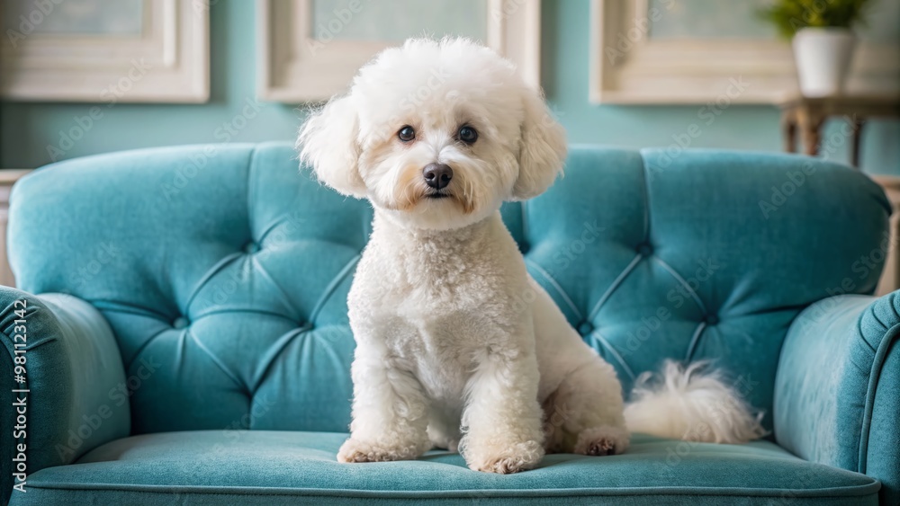 Adorable white bichon frise dog with curly coat and bright eyes sitting on a stylish pastel blue couch in a serene home interior setting. Adorable white bichon frise dog with curly coat and bright eyes sitting on a stylish pastel blue couch in a serene home interior setting.