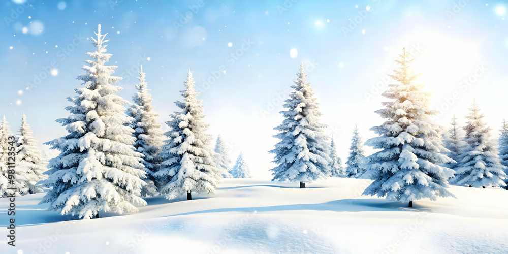 Naklejka premium 3D Soft Focus Winter Wonderland: Serene Snow-Covered Trees with Gentle Snowfall, Ideal for Holiday Messages, Isolated Icon on White Background