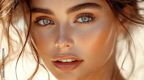 Close-up Portrait of a Woman with Blue Eyes and Brown Hair