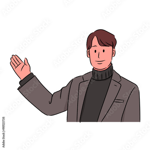 An illustration of a man raising his right hand as if giving a presentation