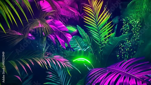A nighttime scene with lush green and purple tropical plants illuminated by vibrant neon lights, creating a surreal and colorful jungle atmosphere. The glowing colors convey a lively and otherworldly