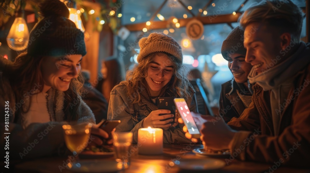 Cheerful Friends Enjoying Warm Drinks in Cozy Winter Café Cheerful Friends Enjoying Warm Drinks in Cozy Winter Café