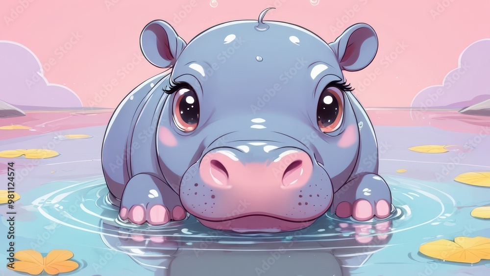Fototapeta premium Cute Cartoon Hippo in Calm Water with Pink Background