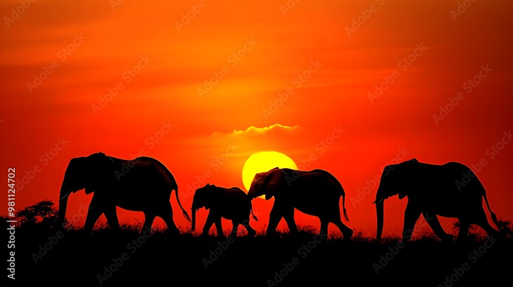 A stunning silhouette of elephants walking against a vibrant sunset, showcasing the beauty of wildlife in its natural habitat. A stunning silhouette of elephants walking against a vibrant sunset, showcasing the beauty of wildlife in its natural habitat.