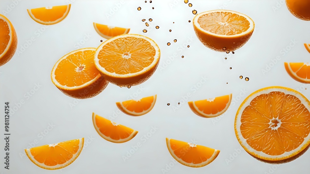 Close-up of orange slices falling in mid-air on a white background. Close-up of orange slices falling in mid-air on a white background.