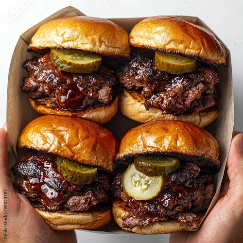 Four Mini Burgers with Pickles and Barbecue Sauce in a Paper Tray photo