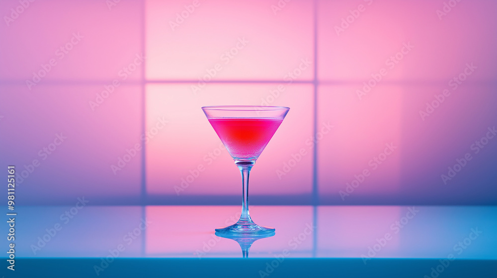 A vibrant pink cocktail in stylish glass, set against colorful backdrop A vibrant pink cocktail in stylish glass, set against colorful backdrop