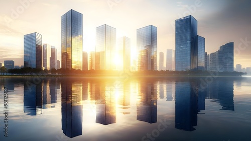 A stunning skyline at sunrise, with modern skyscrapers reflecting on the calm water, showcasing urban beauty and tranquility.