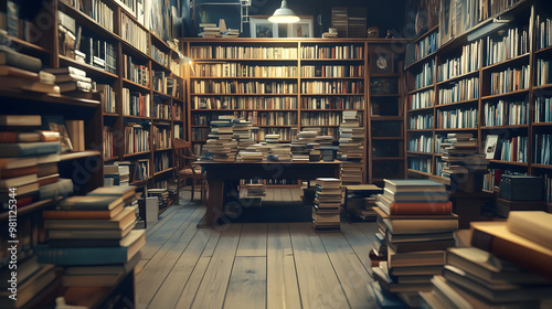 Vintage Bookstore with Tall Shelves and Wooden Floors