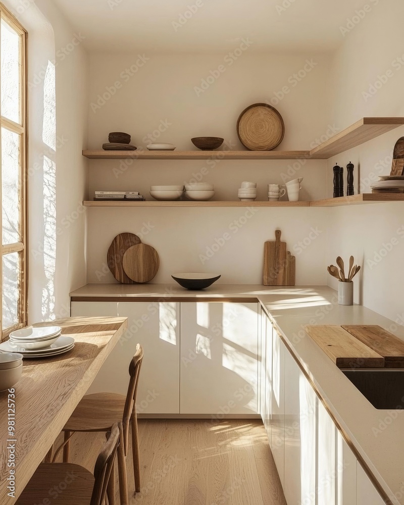 A minimalist small kitchen with open shelving, a simple countertop, and a streamlined design, making the most of a limited space. A minimalist small kitchen with open shelving, a simple countertop, and a streamlined design, making the most of a limited space.