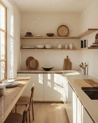 A minimalist small kitchen with open shelving, a simple countertop, and a streamlined design, making the most of a limited space.