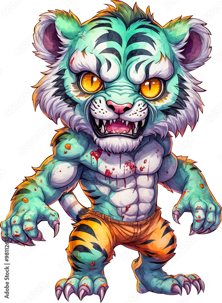 Fototapeta premium Watercolor painting of a green tiger standing angry .Tiger Cartoon Monster
