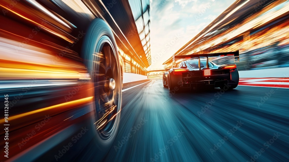Fototapeta premium Velocity Rush: High-Speed Racing Car with Dramatic Motion Blur on Racetrack