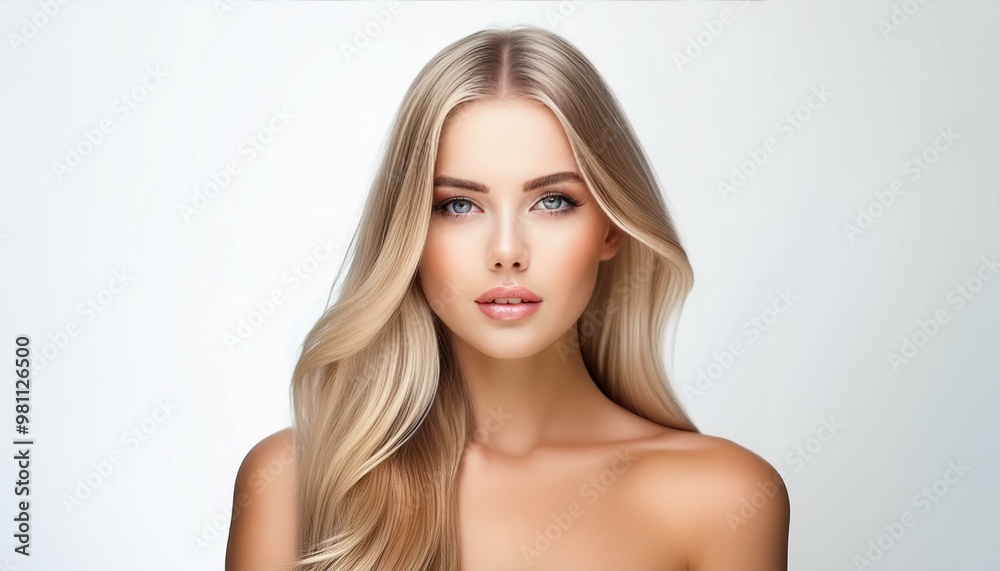 studio portrait of a blonde woman with nude shoulders on white background studio portrait of a blonde woman with nude shoulders on white background
