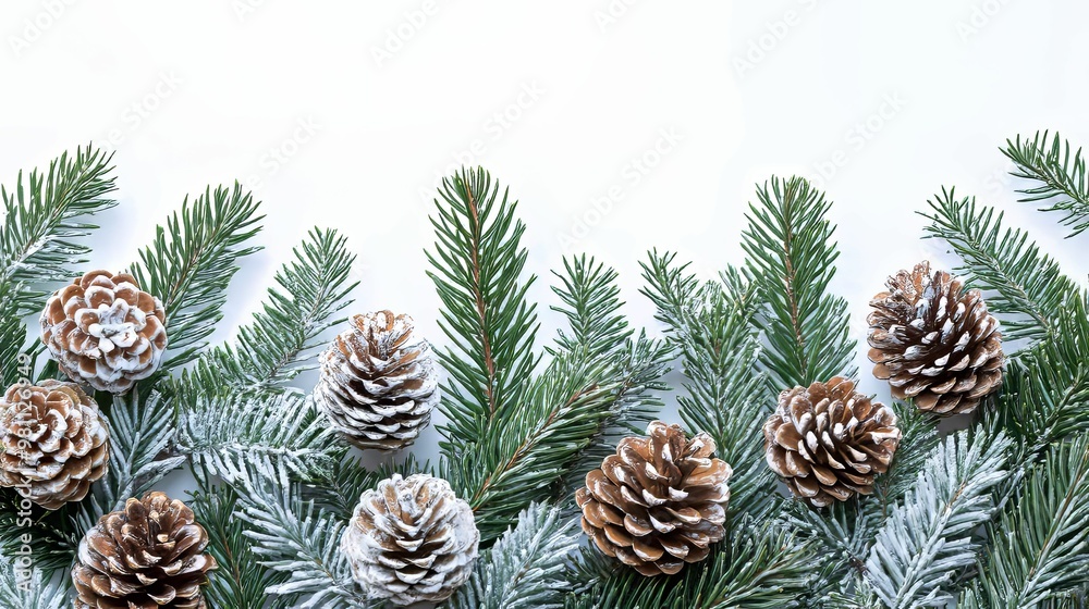 Snow-dusted Pine Cones and Sprigs on White Background Snow-dusted Pine Cones and Sprigs on White Background