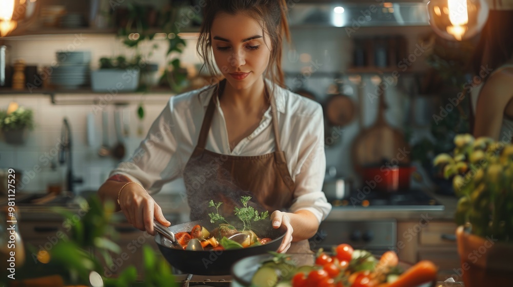 Young Woman Cooking Healthy Meal in Stylish Kitchen