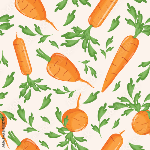 seamless pattern of different varieties of carrots with green tails and leaves, vector