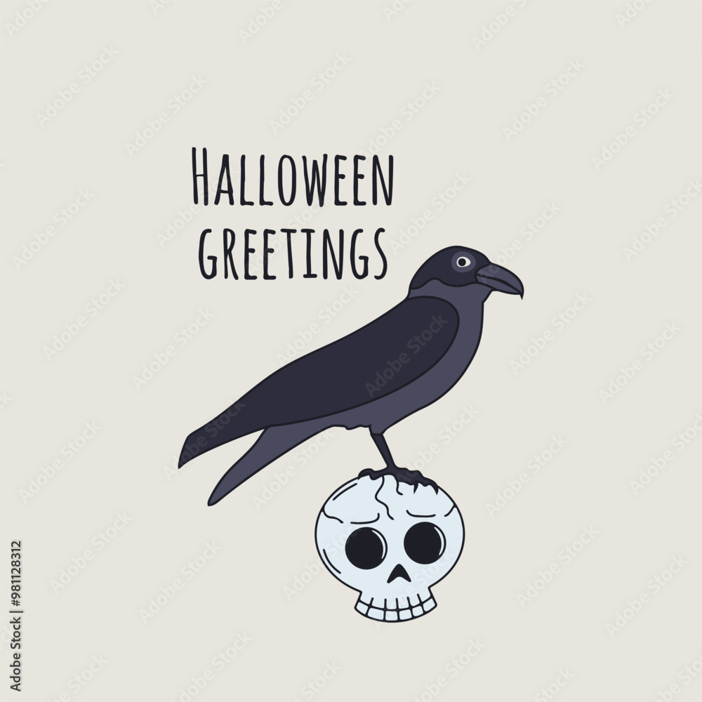 Fototapeta premium Card or poster with cute Halloween witchy crow sitting on top of skull. Greeting text Halloween Greetings