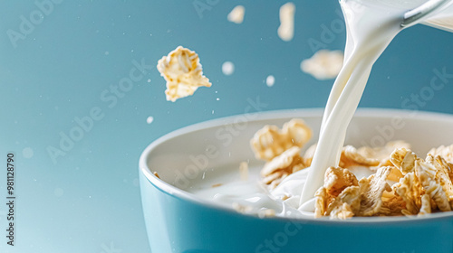 Pouring fresh milk into bowl of cereal on blue background on a sunny morning for breakfast