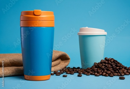 Reusable Coffee Cup To Go. Mug and tumbler thermos flask of blue color on blue  background. Mock up. Ai generated image.