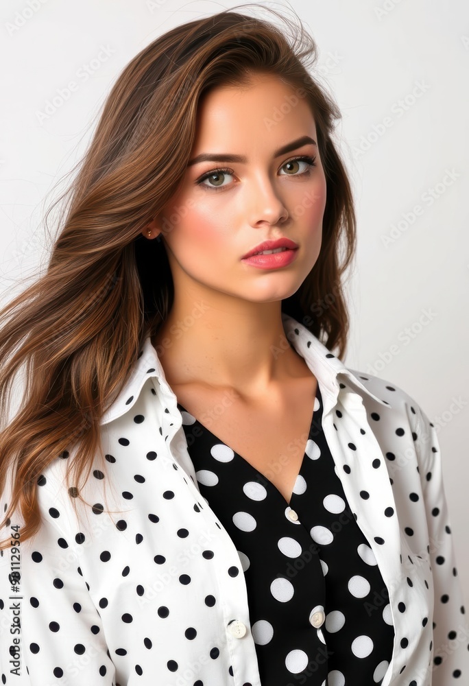 A model stands confidently, wearing a chic polka dot shirt tucked neatly into matching polka dot pants.