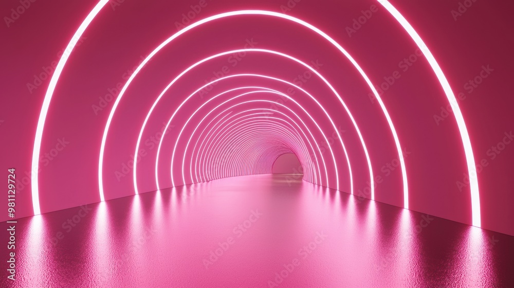 Naklejka premium Vibrant Neon Tunnel with Futuristic Architectural Design and Glowing Lights
