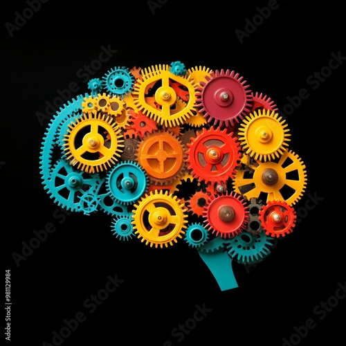 A colorful brain made of gears symbolizes creativity, innovation, and complex thinking processes.