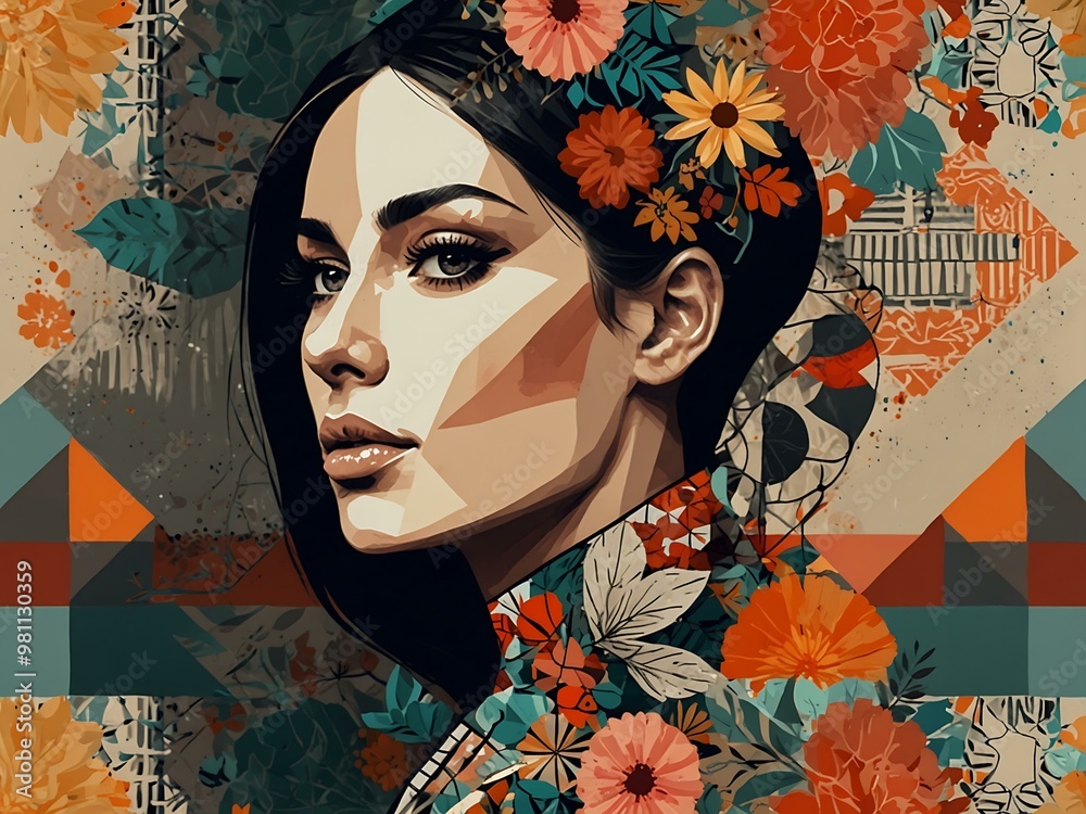 Abstract woman with floral and geometric patterns. Abstract woman with floral and geometric patterns.