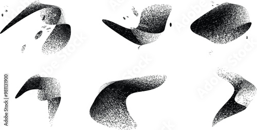 Distressed grungy shapes set. Collection of  shapes with rough edges . Trendy grainy shapes .Graph print texture .Spray effect. Grunge textured design element .Vector blobs with noise surface